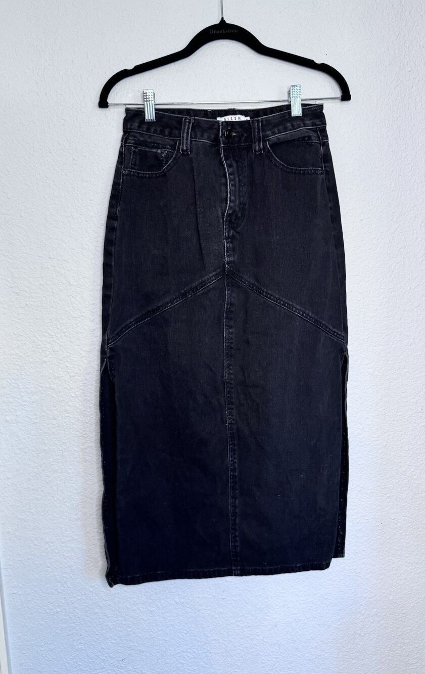 Dissh Women’s SZ 10 Black Denim Skirt Side Slits 100% Cotton Pockets
